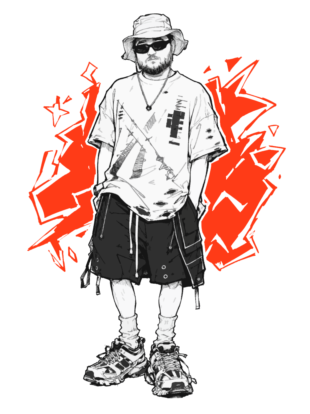Illustrated portrait of Oleksii Shevchenko in a bucket hat and graphic outfit